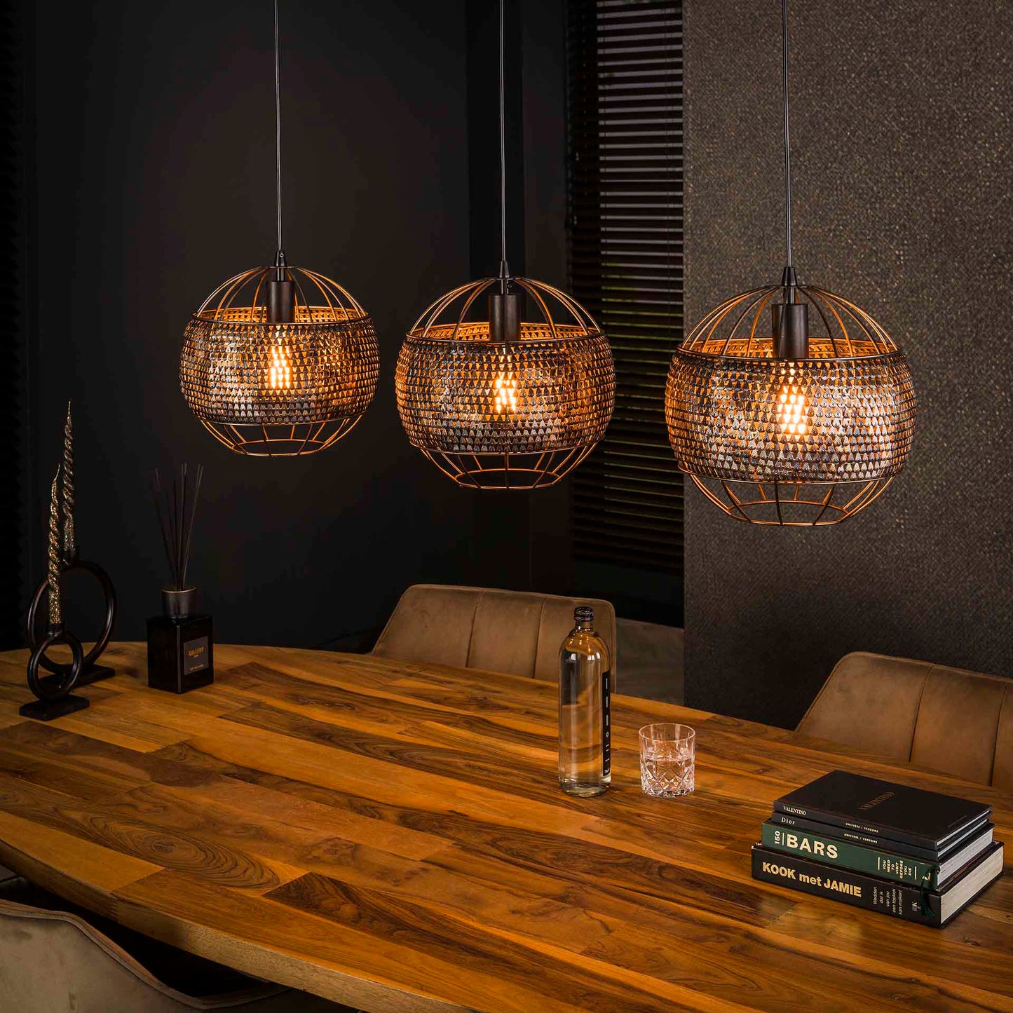 Hanglamp van 3 Lampen Ø30 Armor Open - 110x30x150 cm - Zwart bruin