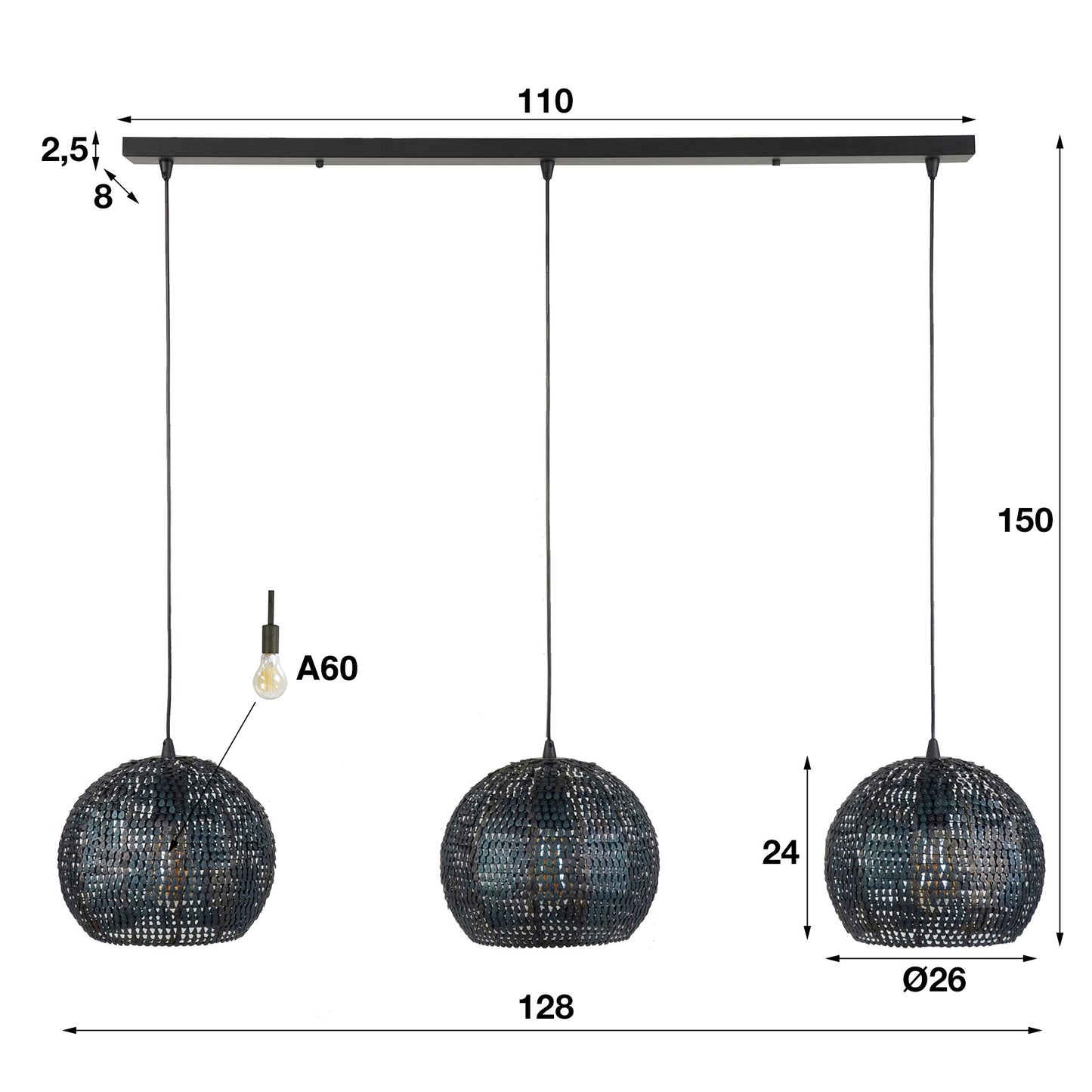 Hanglamp 3x Ø26 armor half rond / Zwart bruin
