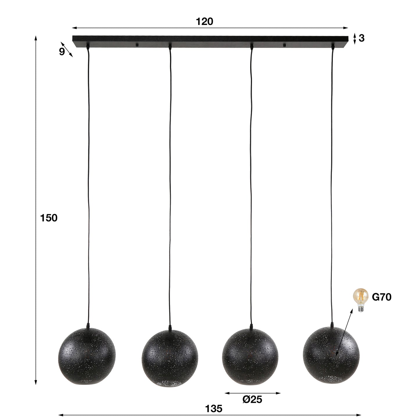 Hanglamp 4x Ø25 zip / Artic zwart