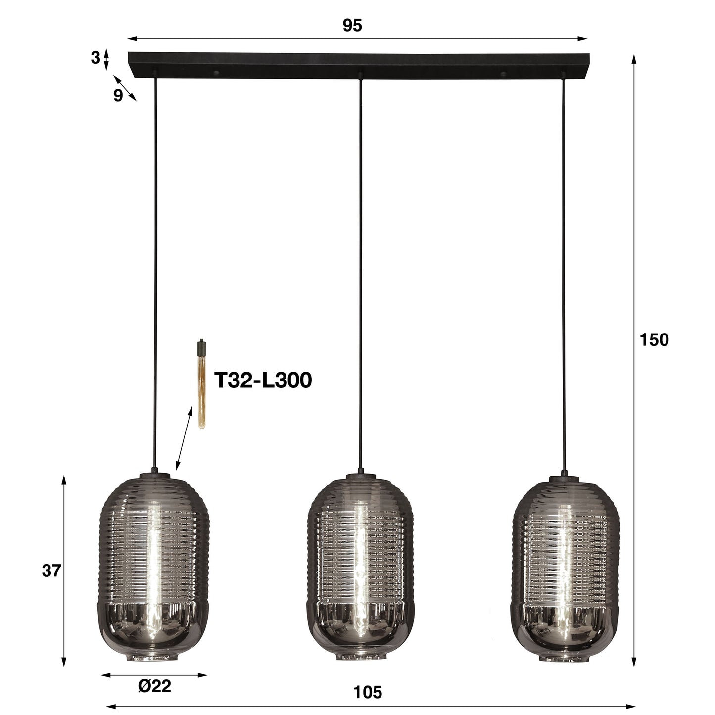 Hanglamp 3L tub chromed glass