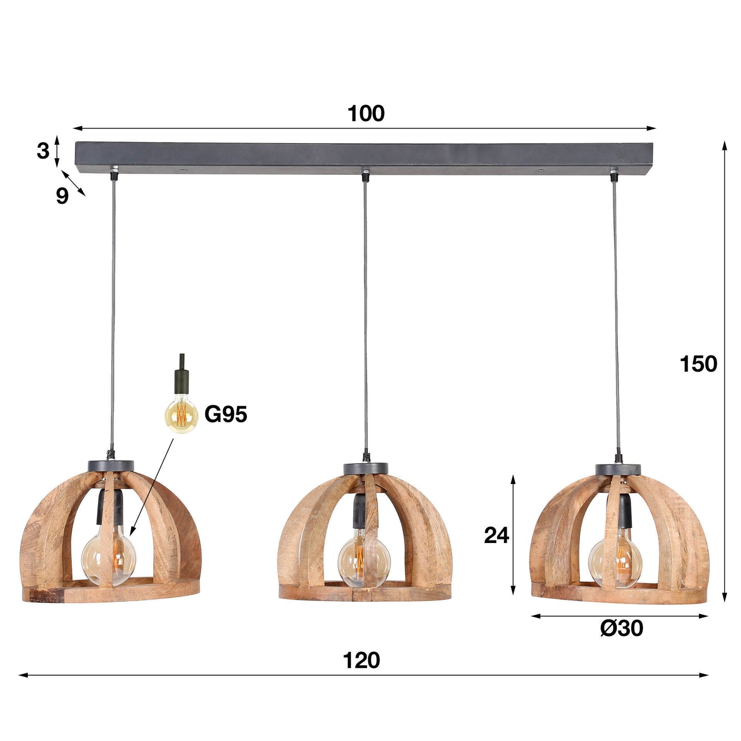 Hanglamp 3x Ø30 gebogen houten spijlen / Massief mango naturel