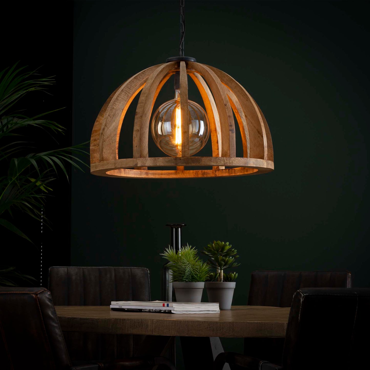 Hanglamp Ø60 gebogen houten spijlen / Massief mango naturel