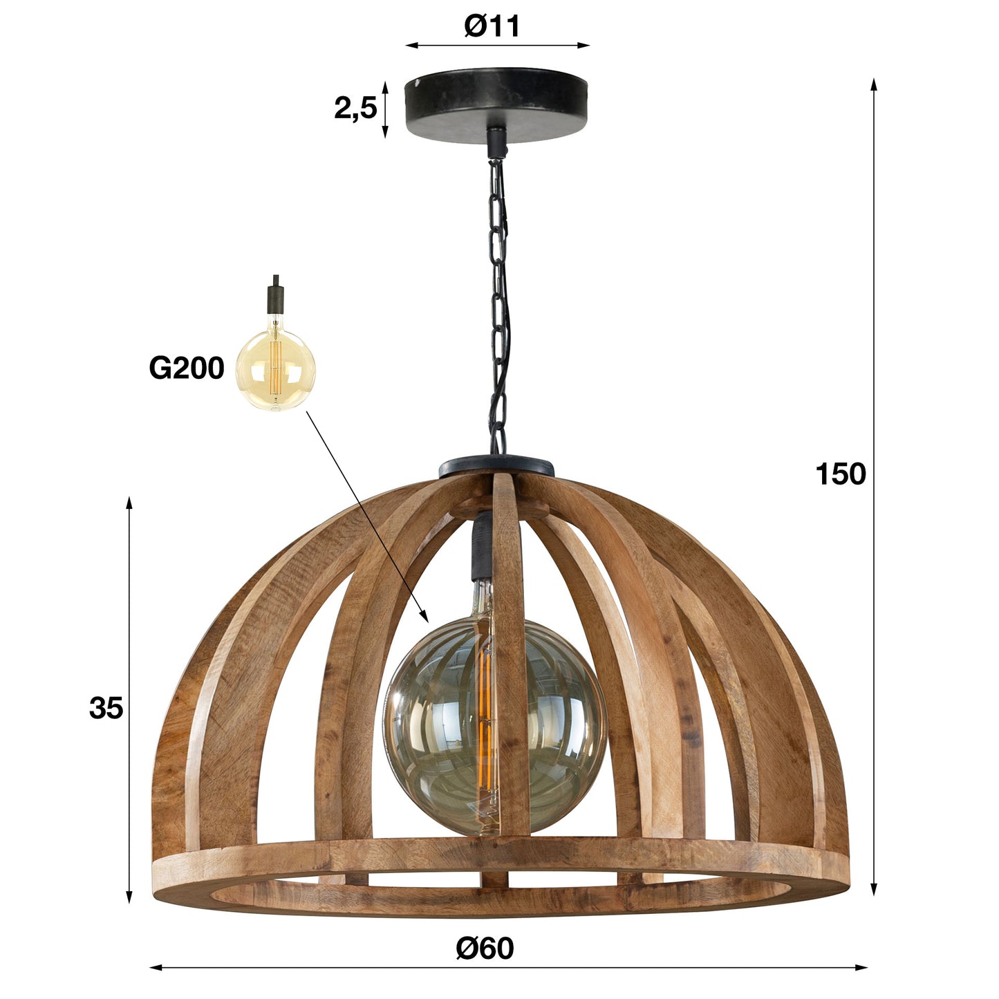 Hanglamp Ø60 gebogen houten spijlen / Massief mango naturel