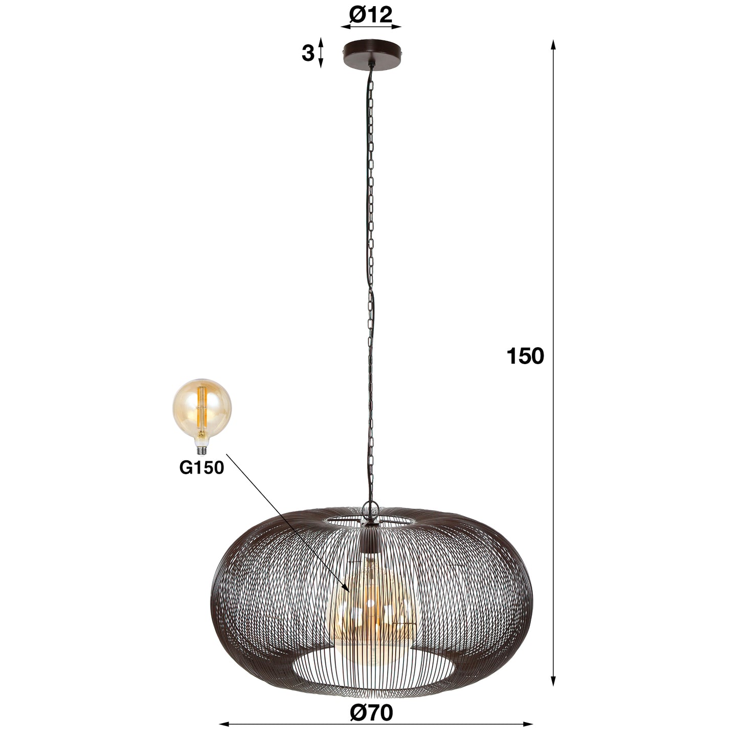 Hanglamp Ø70 copper twist / Zwart nikkel