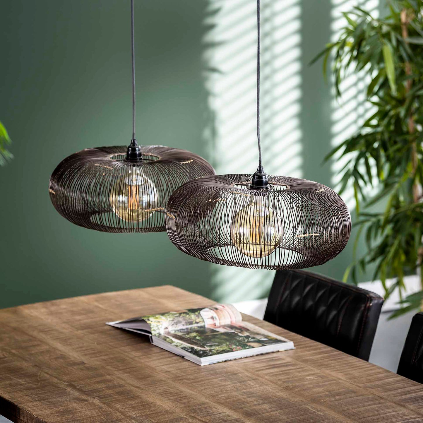 Hanglamp 2x Ø43 disk wire copper twist / Zwart nikkel
