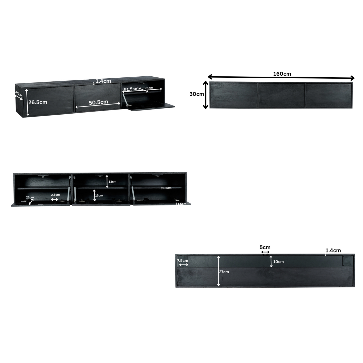 Zwevend tv meubel Vision Black | 160 cm