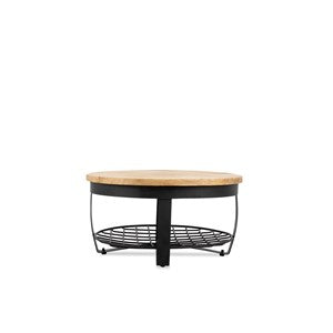 Salontafel Rond Metaal & Metalen Rek 90 Iron Stand Black Finish & Wood Natural Finish