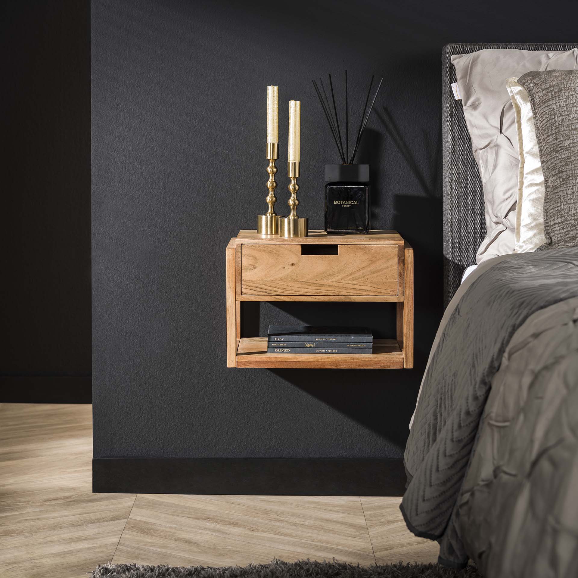 Nachtkastje 1L Houten Frame Zwevend - Massief Acacia Naturel