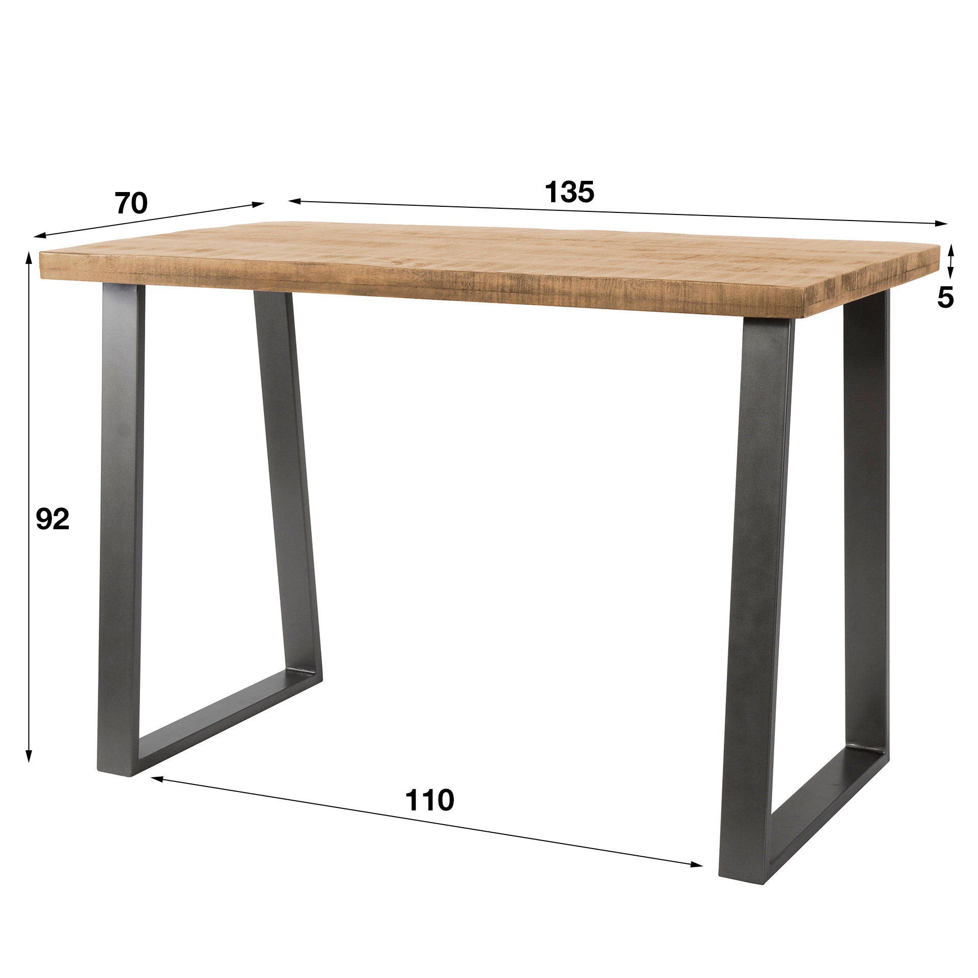 Massief Mangohouten Bartafel 135x70 cm met Trapeziumvormige Poten - Blank Antiek Afwerkin