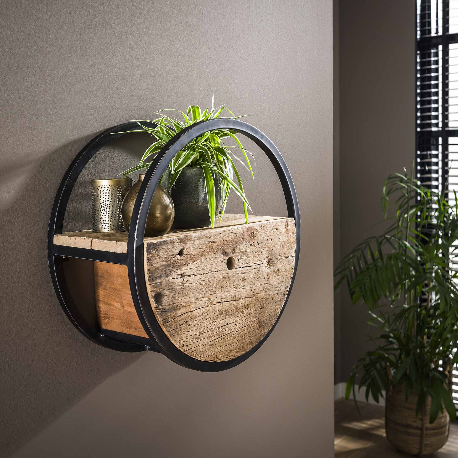 Wandschap Circular met Lade - Ø50 - Robuust Hardhout