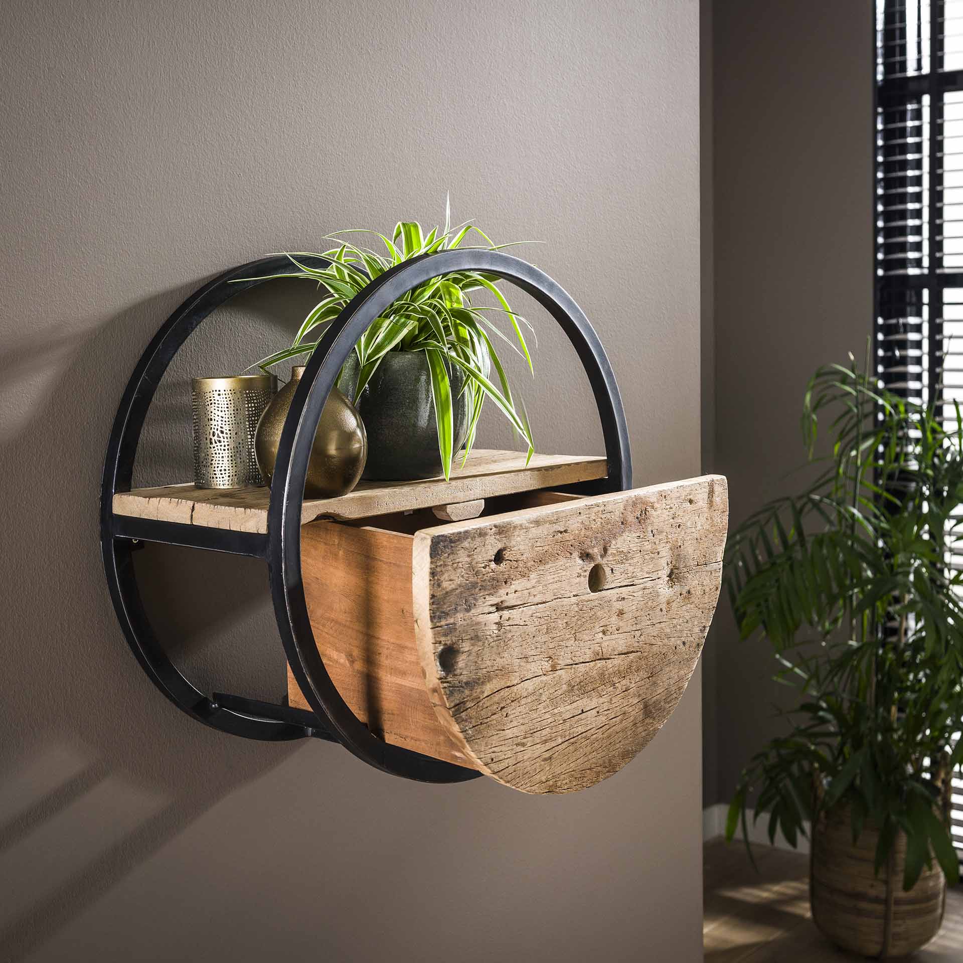 Wandschap circular Ø50 met lade / Robuust hardhout