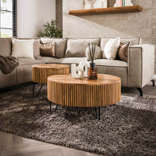 Salontafel set van 2 - Wave Rond - 80x80x38 cm - Massief Mango Zandkleur