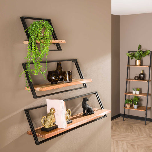 Wandschap set van 3 Lean - 100x25x30 cm - Massief acacia naturel