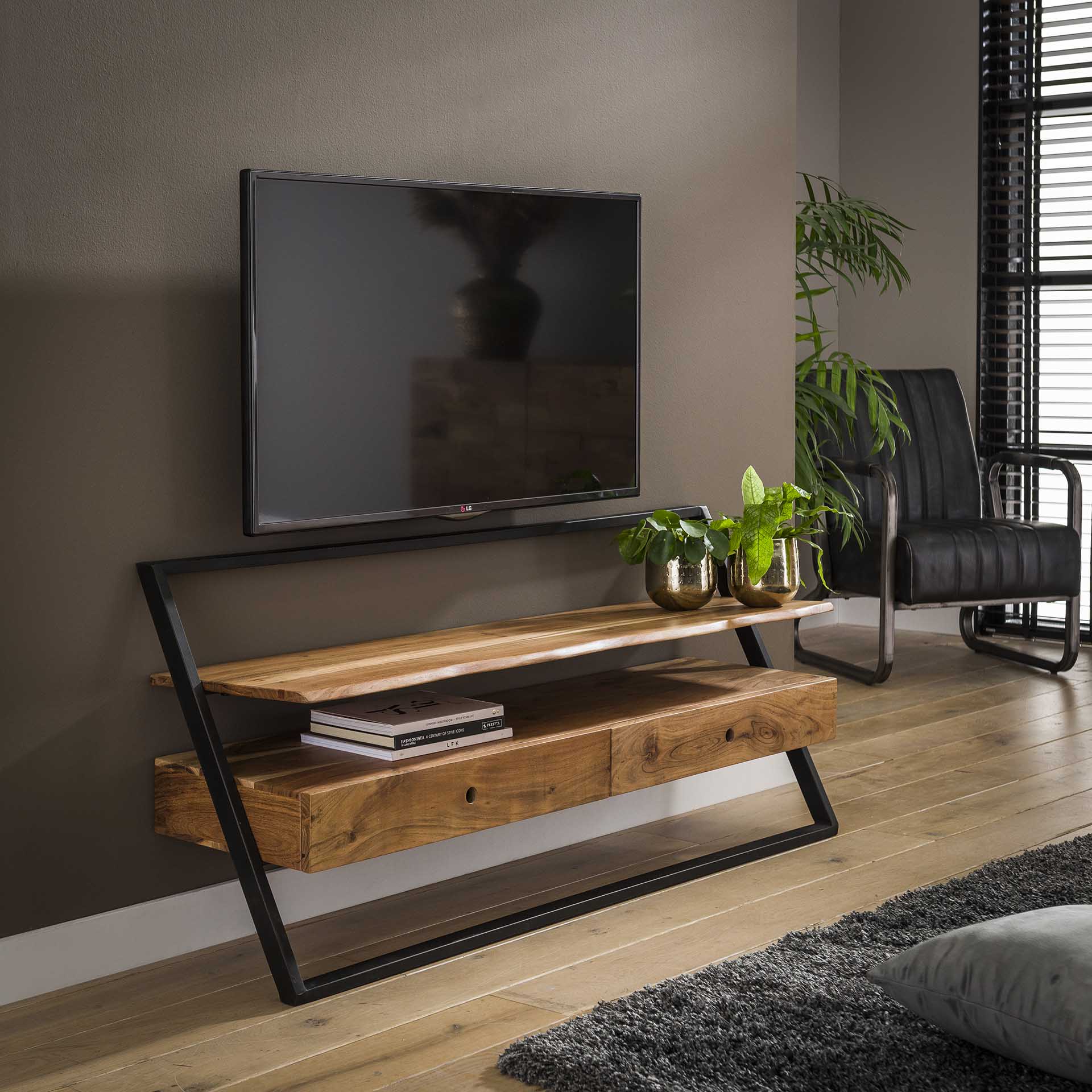 TV-meubel Lean 2L van massief acacia - 140x35x62 cm - Naturel