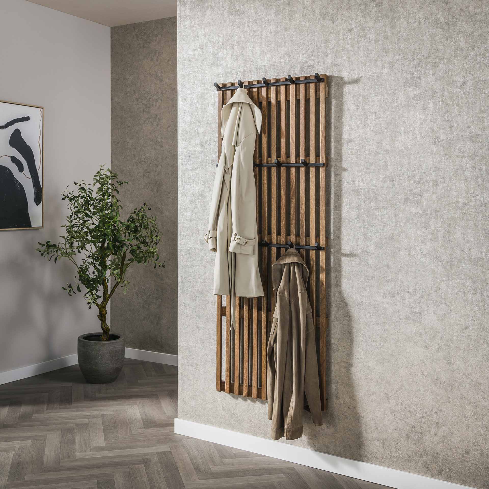 Kapstokrek van 14 haken Tweak - 60x10x160 cm - Massief mango zandkleur