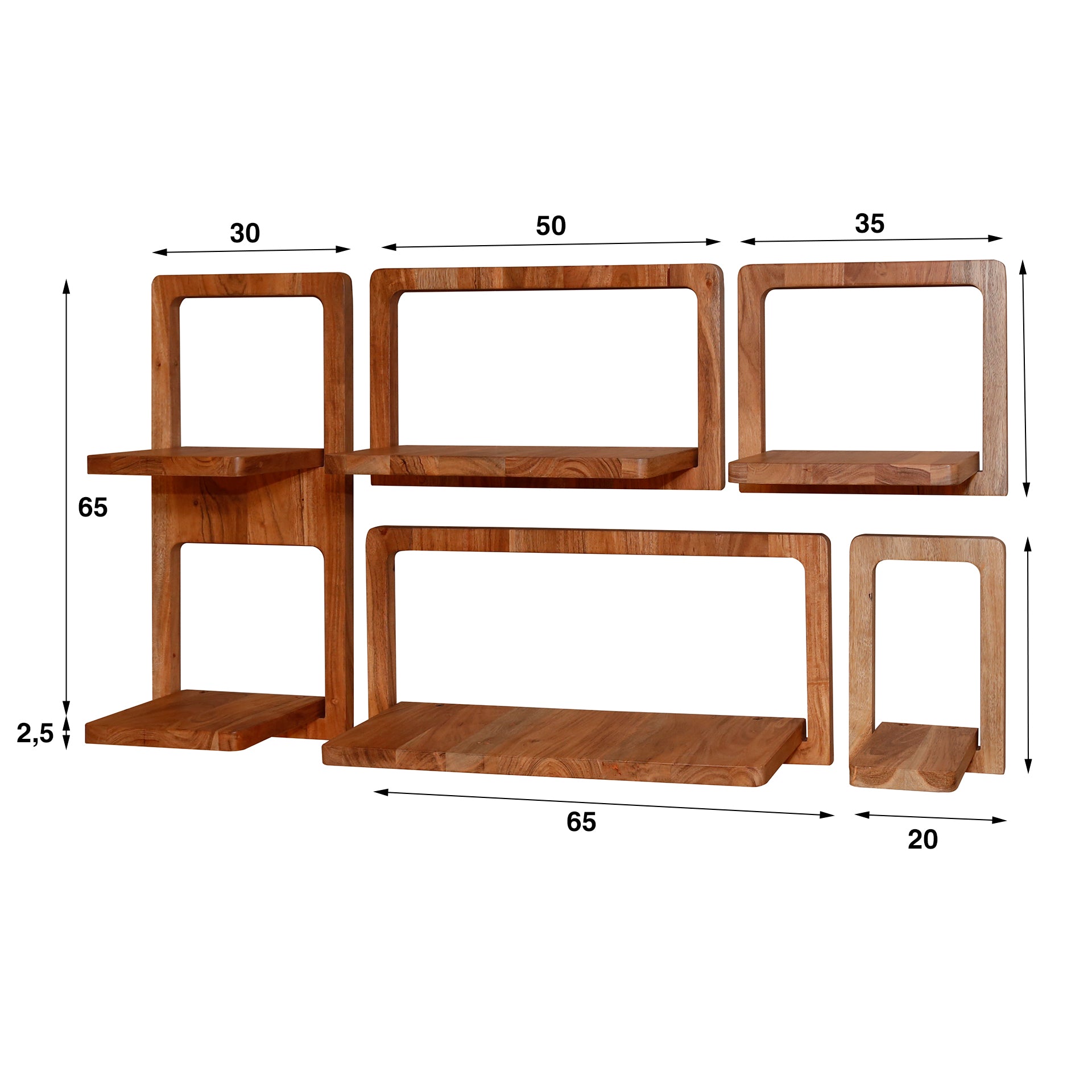 Wandschap set/5 curvy / Massief acacia naturel