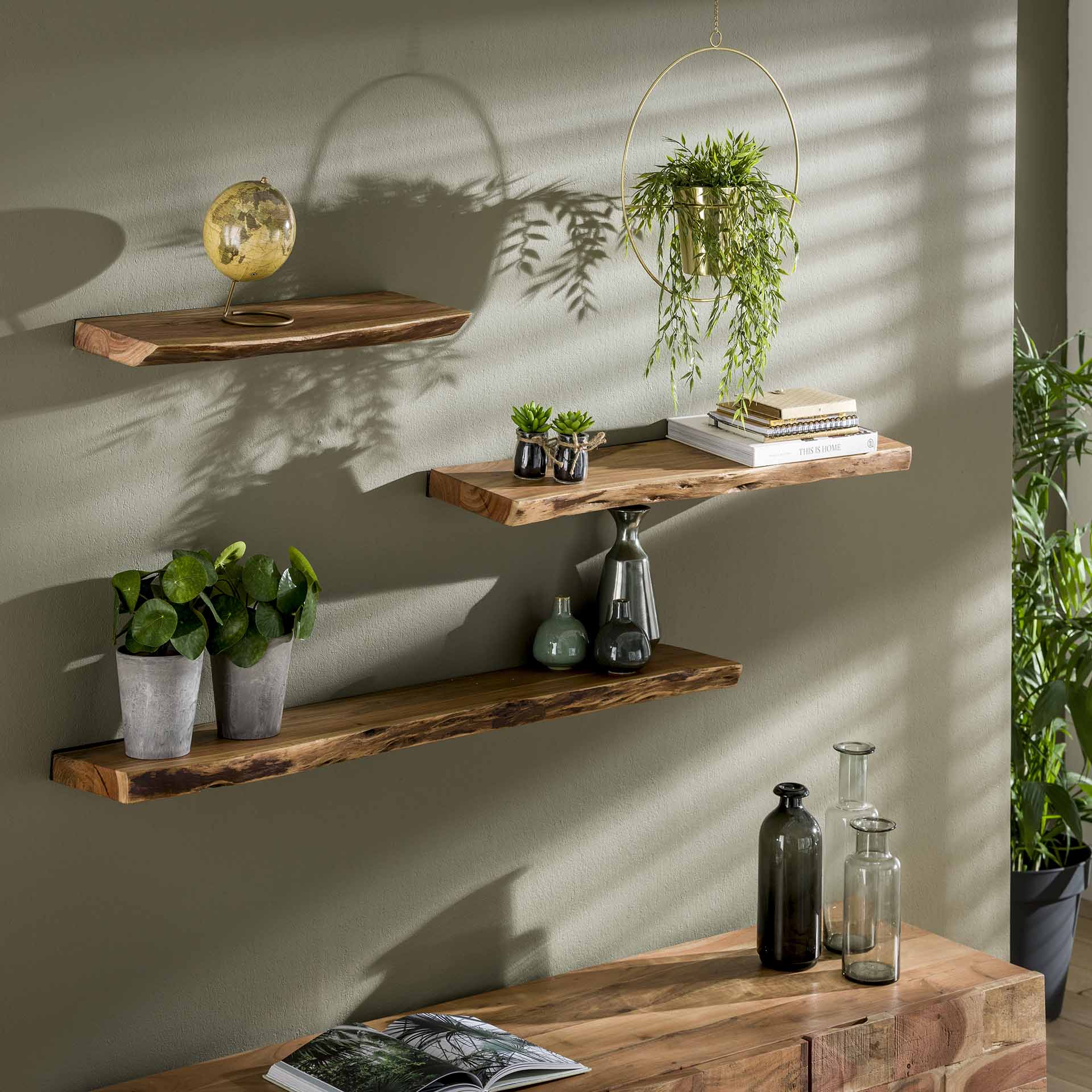 Wandplank 90 edge - Massief Acacia Naturel - 90x20x4 cm