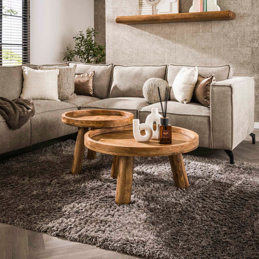 Salontafel set 2 Tripod - 80x80x41 cm - Massief Mango zandkleur