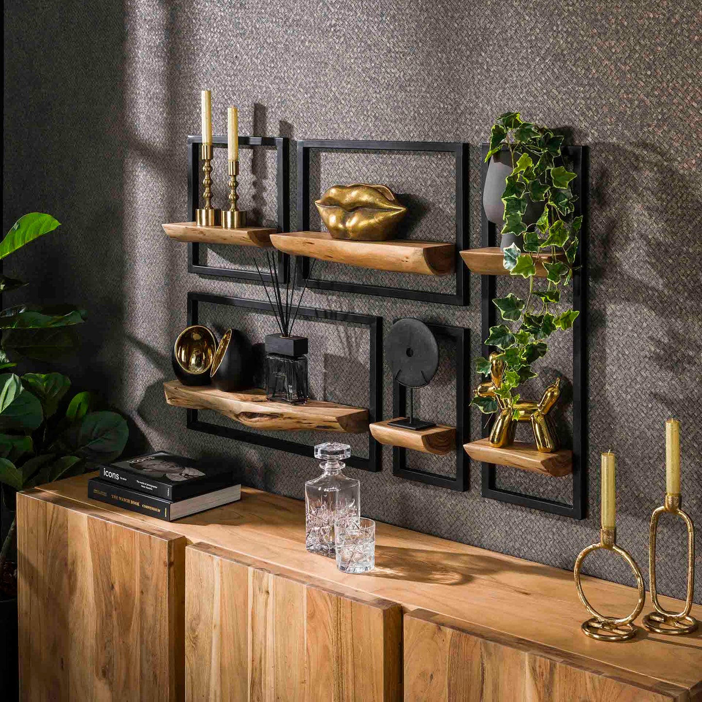 Wandschap Set 5 Edge - Massief Acacia Naturel - 25x15x75 cm