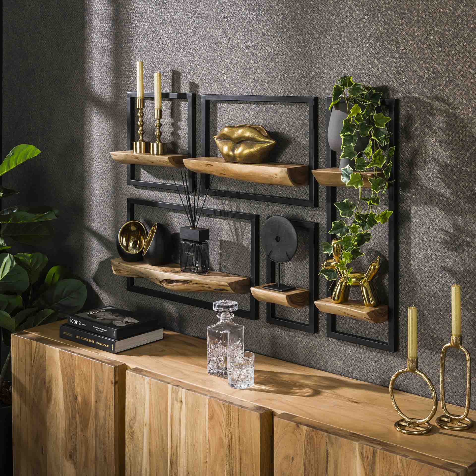 Wandschap Set 5 Edge - Massief Acacia Naturel - 25x15x75 cm