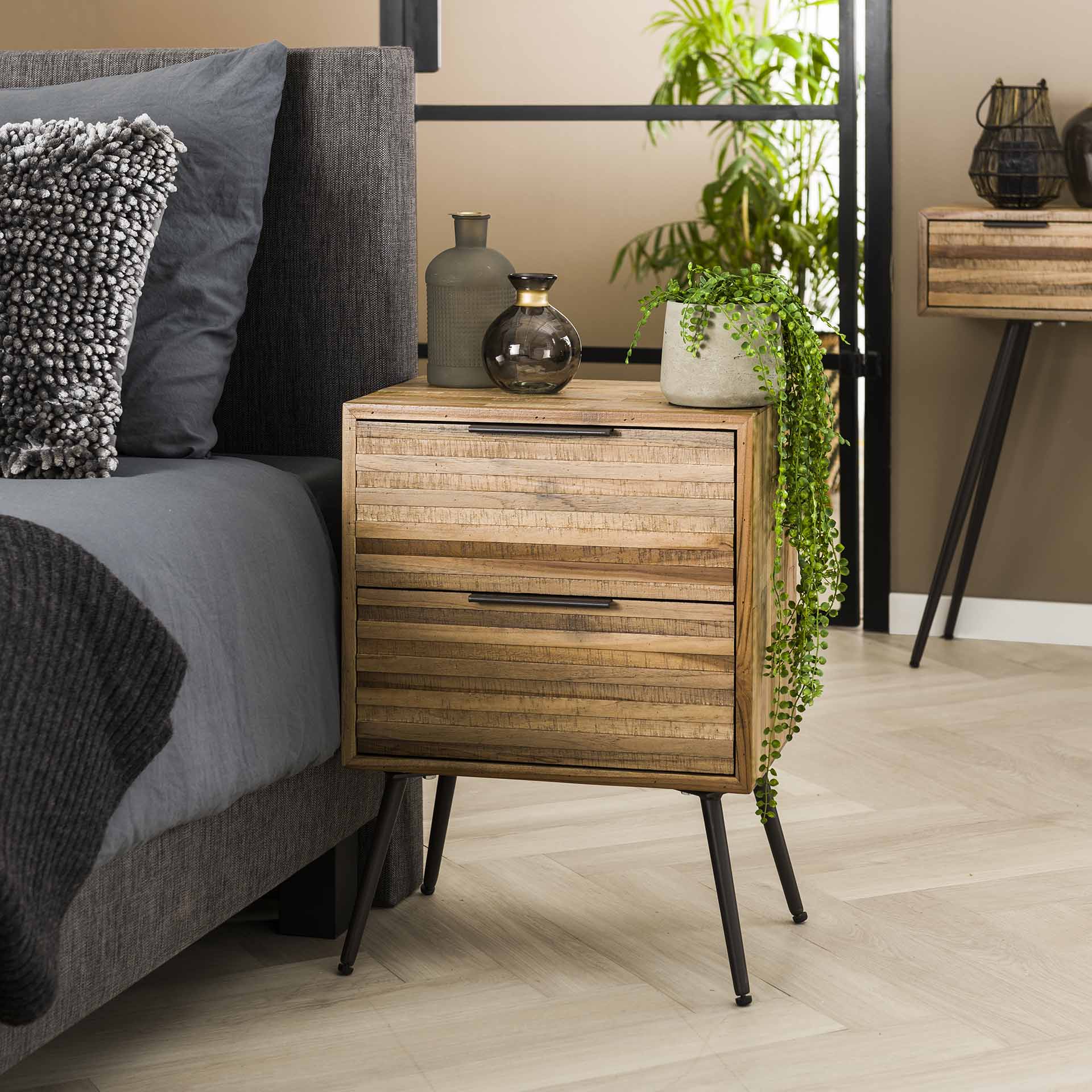 Nachtkastje 2L Teca Strip - 45x30x60 cm - Teakhout verweerd