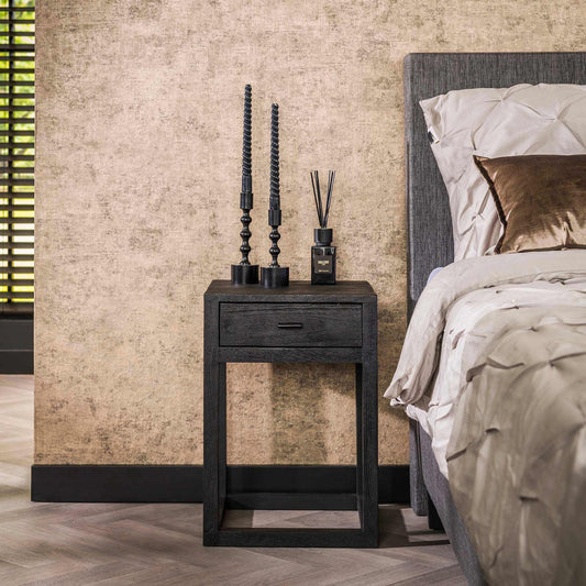 Nachtkastje met 1 Lade Black Square - 35x35x50 cm - Massief acacia zwart
