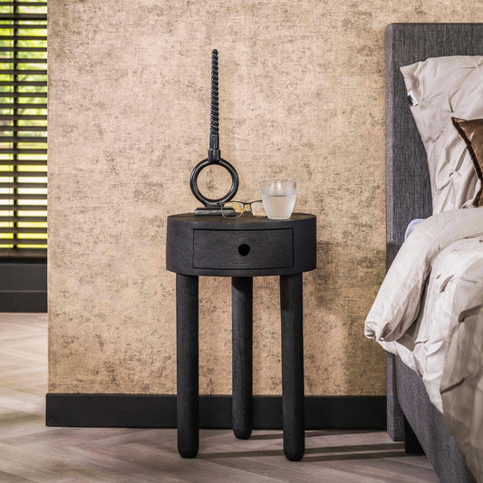 Nachtkastje 1L Round Full Wood - 35x35x55 cm - Massief acacia zwart