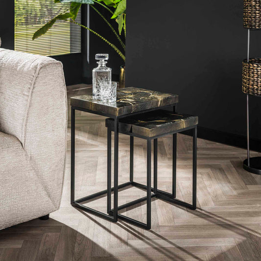Bijzettafelset 2/ rechthoekig black and gold / Massief gerecycled teakhout black gold