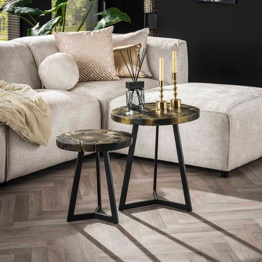 Salontafel set van 2 Tafels - Rond Black & Gold - 50x50x54 cm - Teak Black&Gold