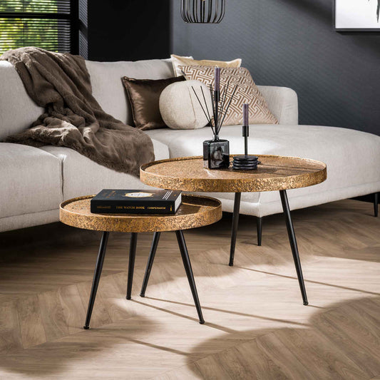 Salontafel set van 2 - Opstaande rand rond metallic - 74x74x50 cm - Brons antiek