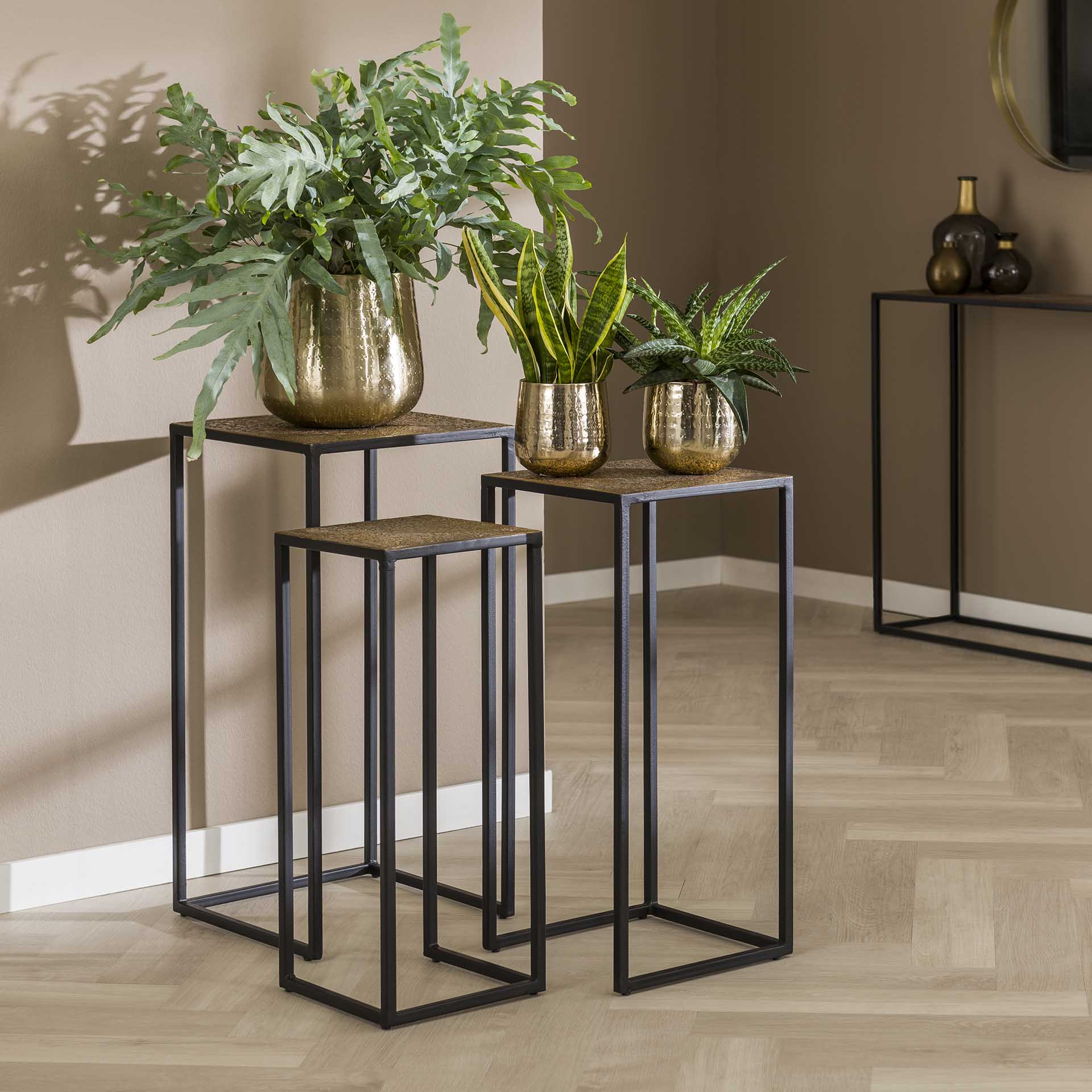 Bloemenzuil set van 3 - 35x35x70 cm - Iron Metallic Brons antiek
