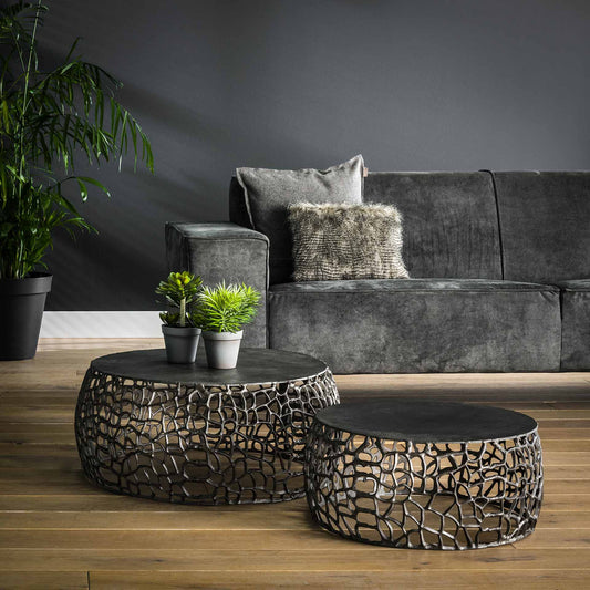 Salontafel set van 2 Maze Zandgegoten - 75x75x30 cm - Zwart nikkel