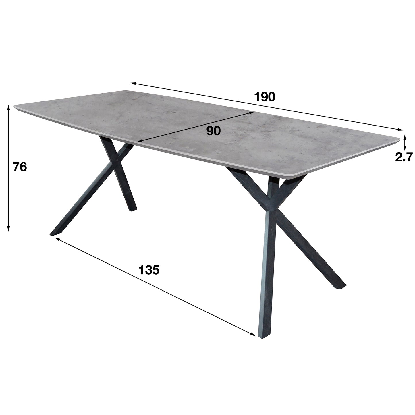 Eetkamertafel 190 ovaal blad zwart gepoedercoat frame / 3D betonlook grijs