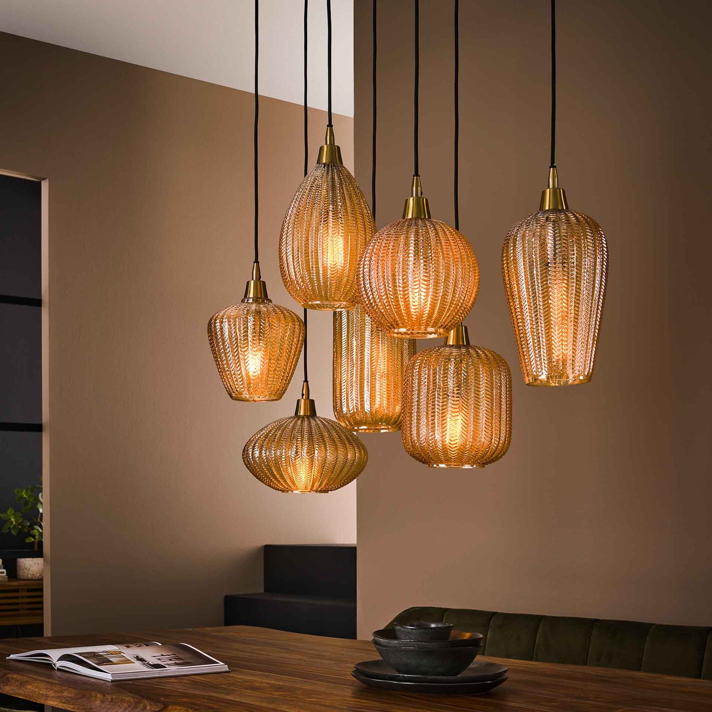 Hanglamp van 7 Lampen V-Shape Pattern Mix - 95x38x150 cm - Amberkleurig glas