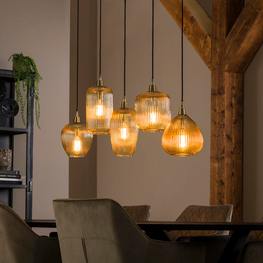 Hanglamp van 5 Lampen Stripe Glass Mix - 120x20x150 cm - Amberkleurig glas