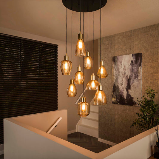 Hanglamp van 9 Lampen Leaf Getrapt - 60x60x180 cm - Amberkleurig glas