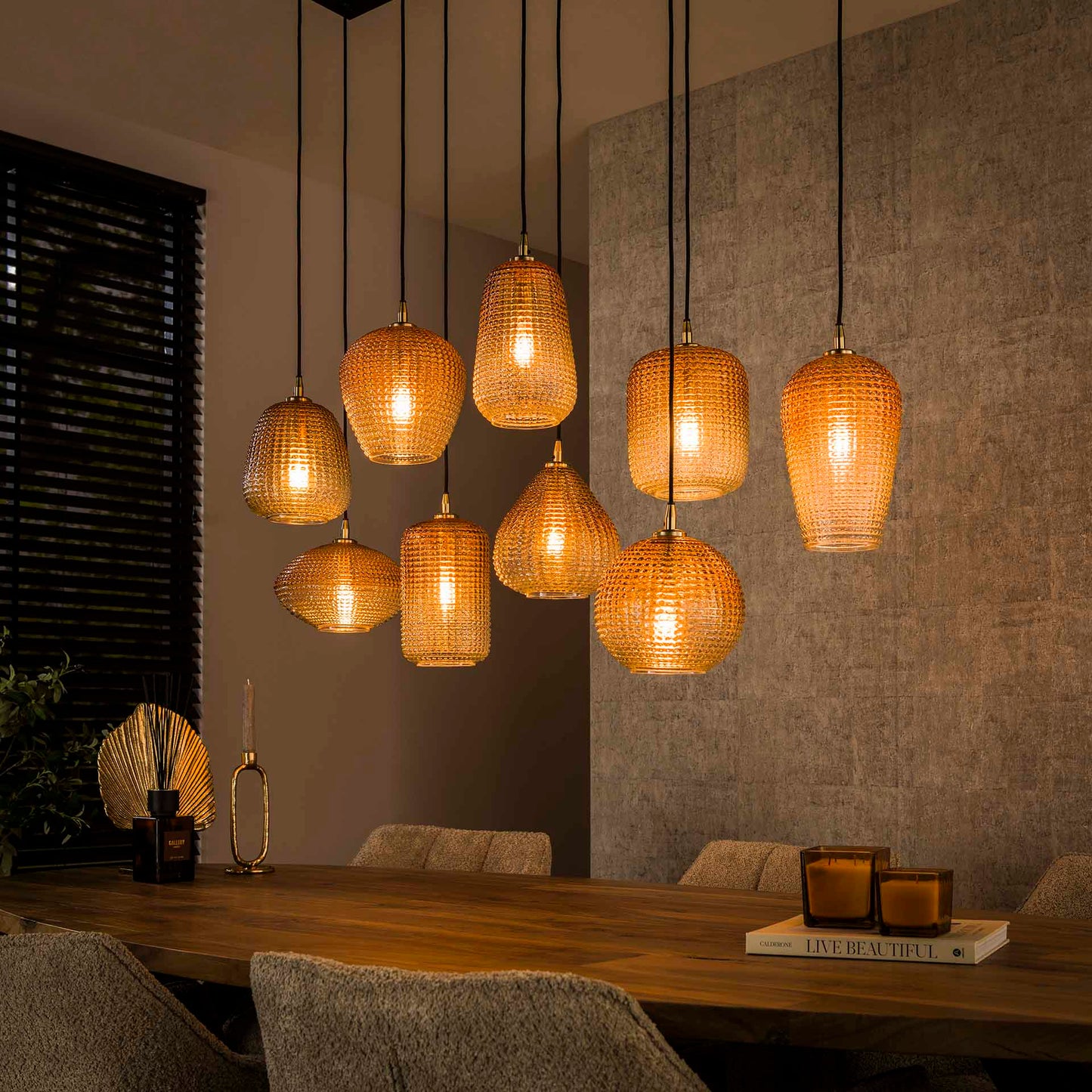 Hanglamp 5+4 dot pattern / Amberkleurig glas
