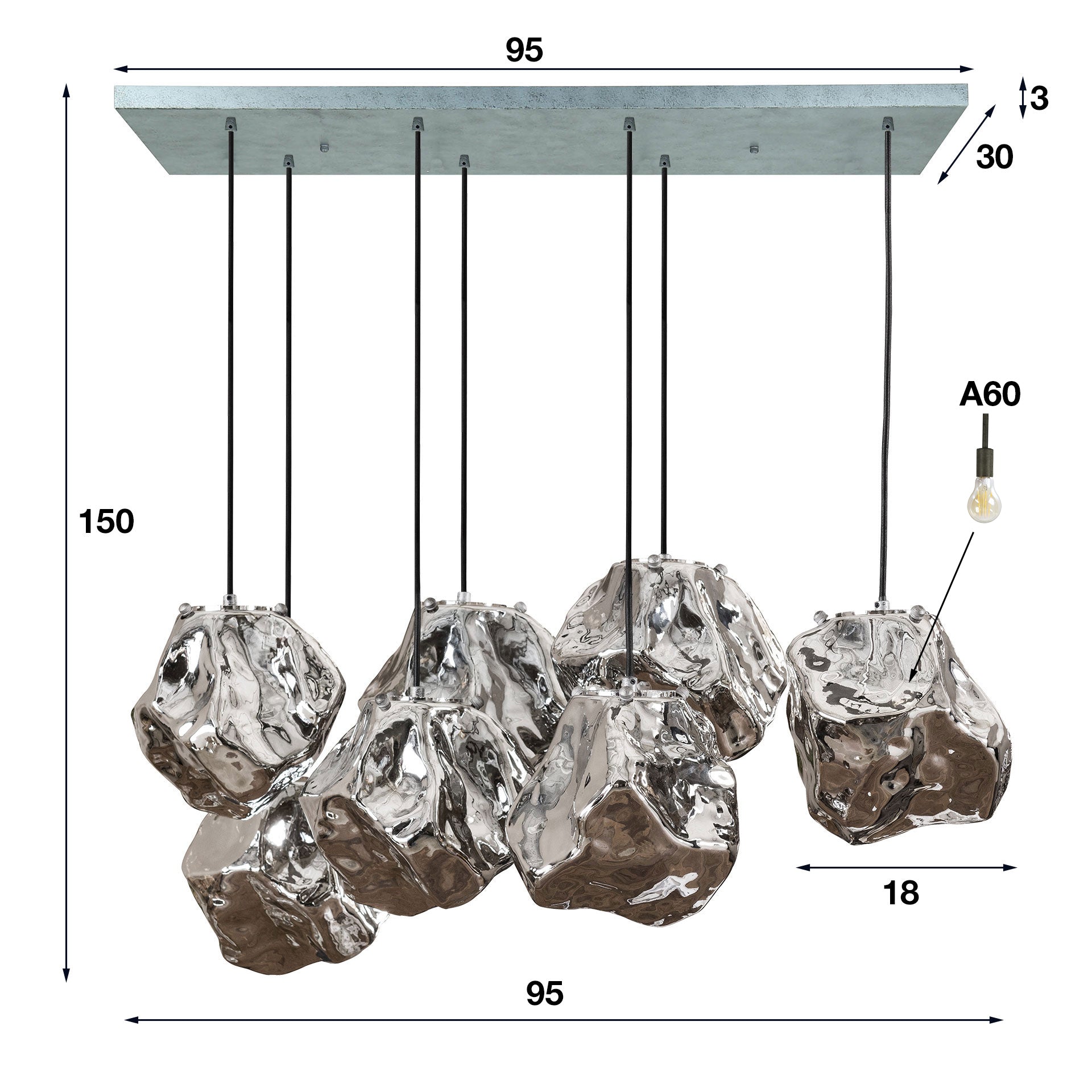 Hanglamp 4+3 rock / Chromed glas