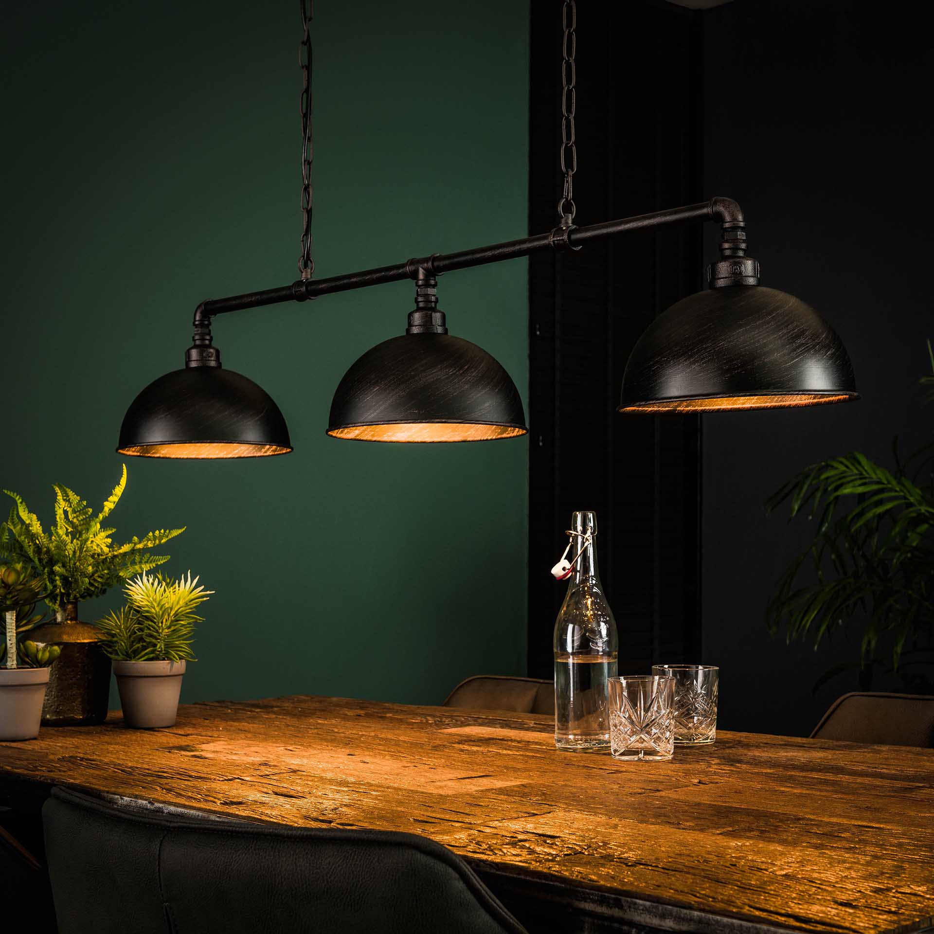 Hanglamp van 3 Lampen Halfronde Kap Industrial Tube - 118x25x150 cm - Zwart