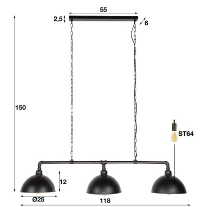 Hanglamp 3L halfronde kap-industrial tube / Zwart
