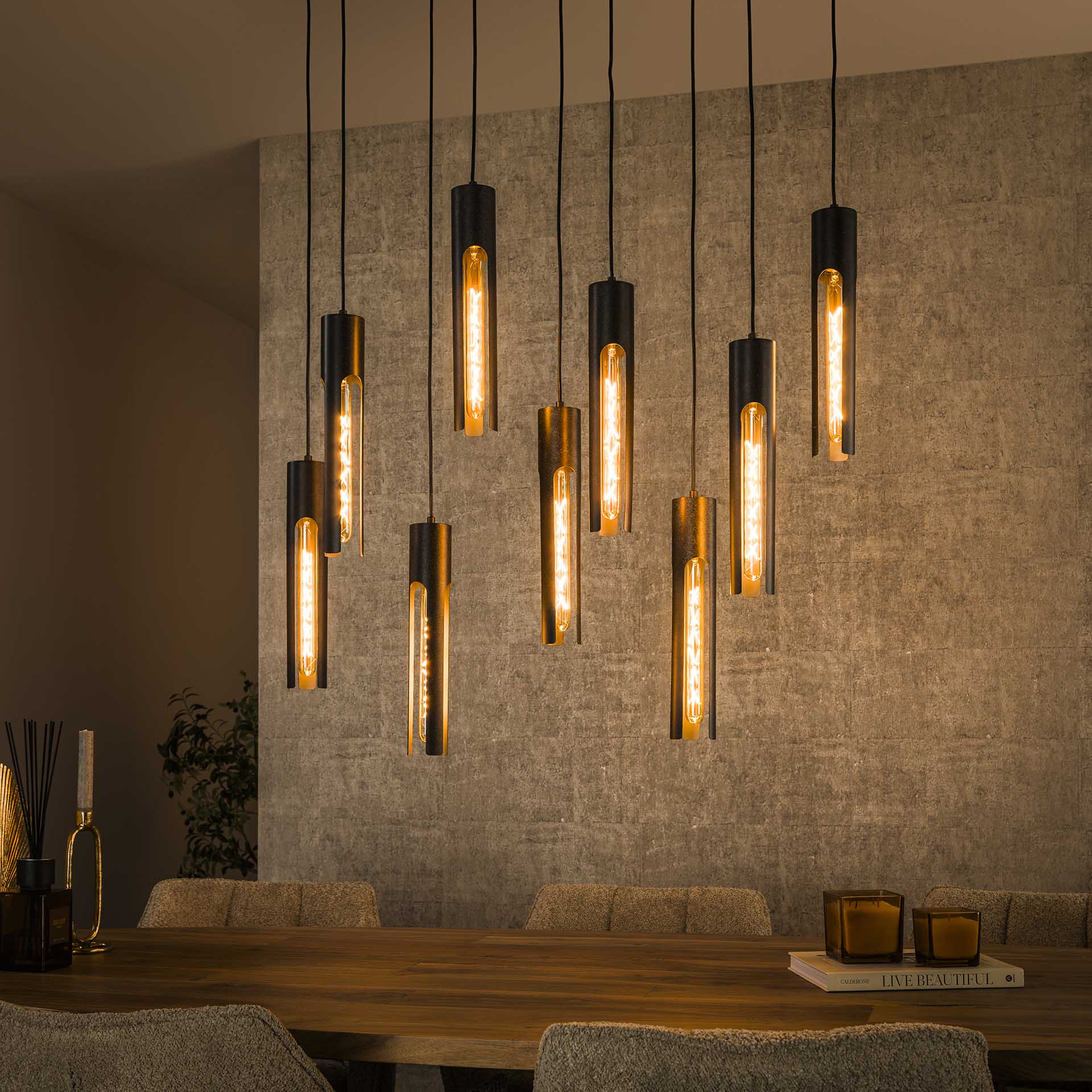 Hanglamp van 9 Lampen Tube - 100x18x150 cm - Artic zwart