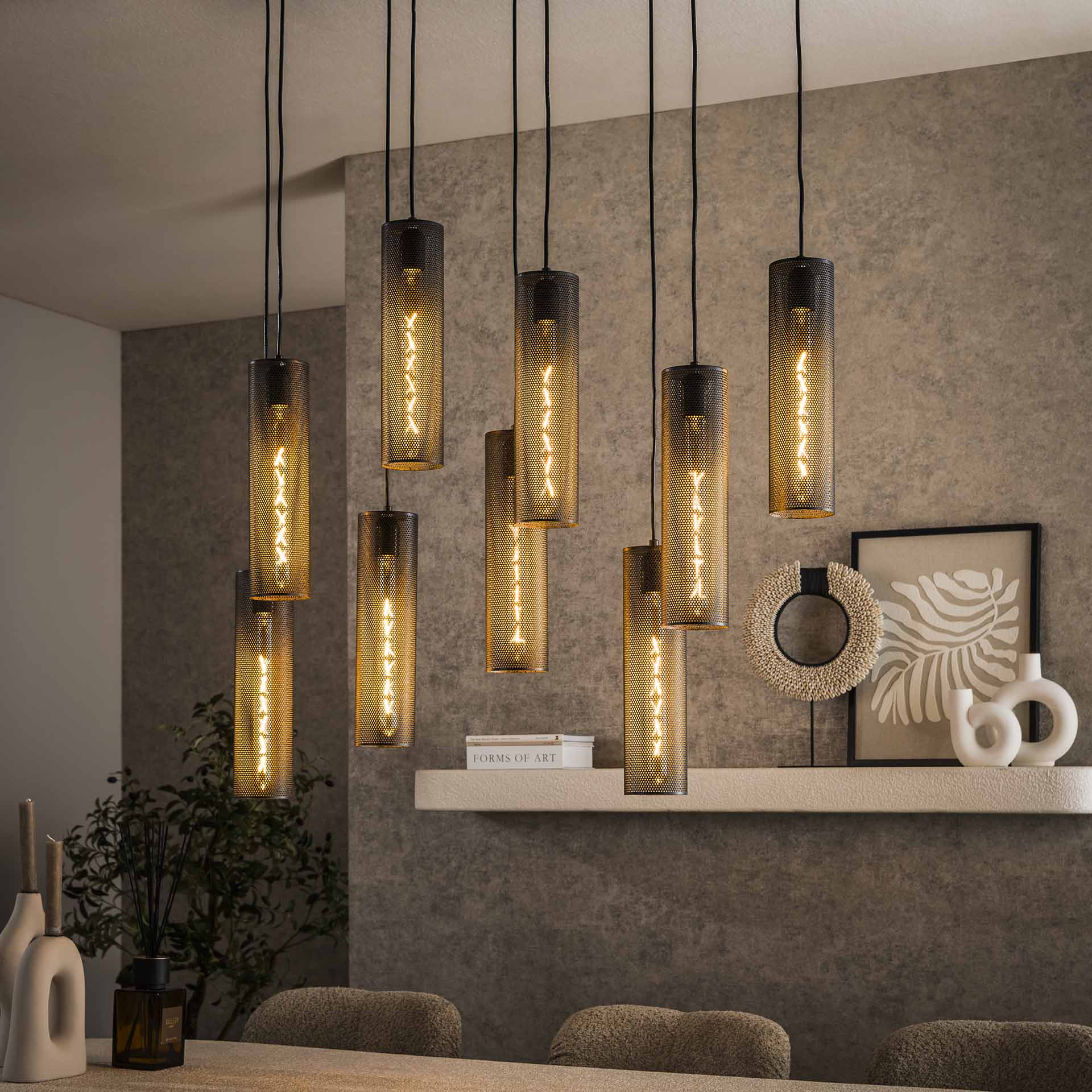 Hanglamp van 9 Lampen Tube Mesh - 100x30x150 cm - Artic zwart