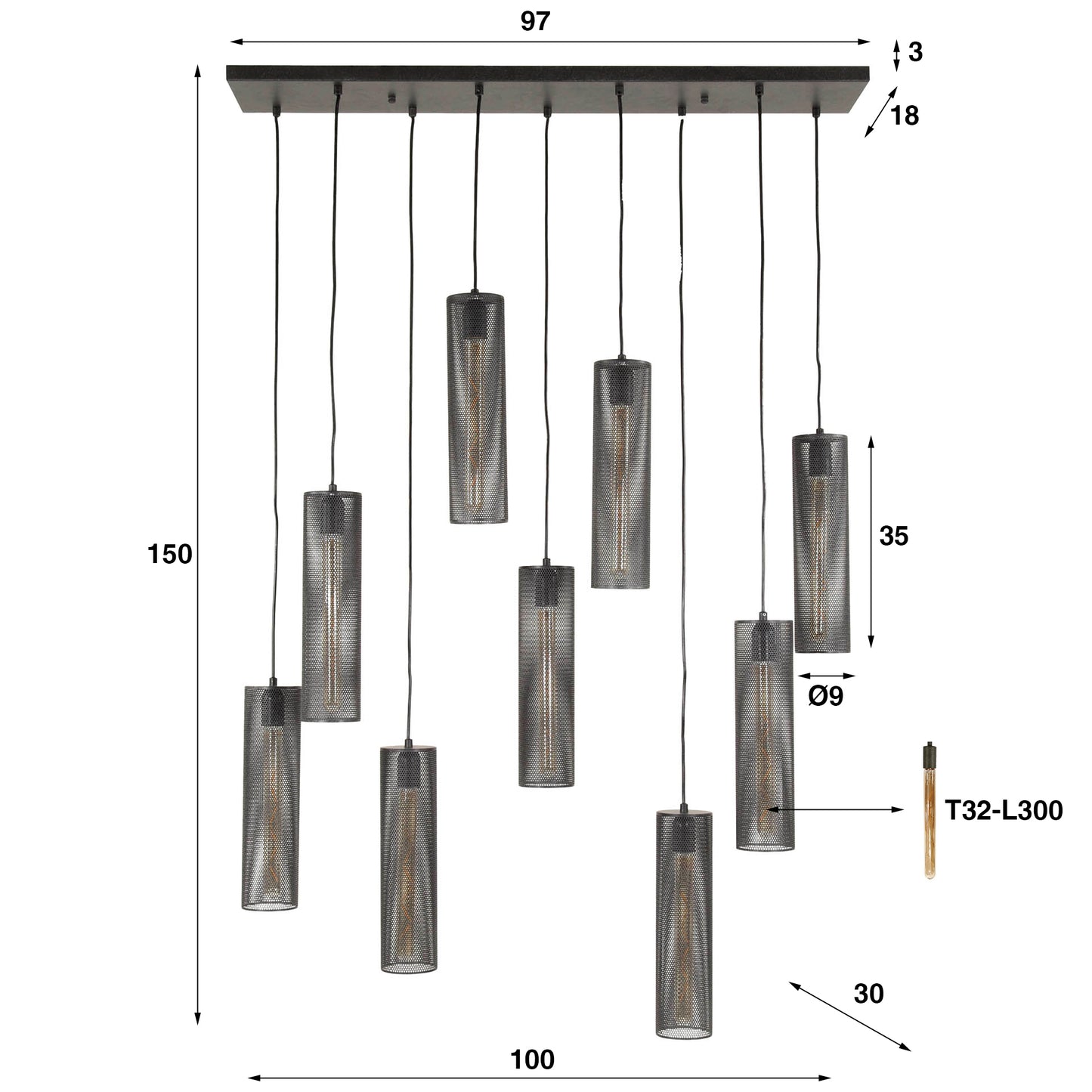 Hanglamp 5+4 tube mesh / Artic zwart