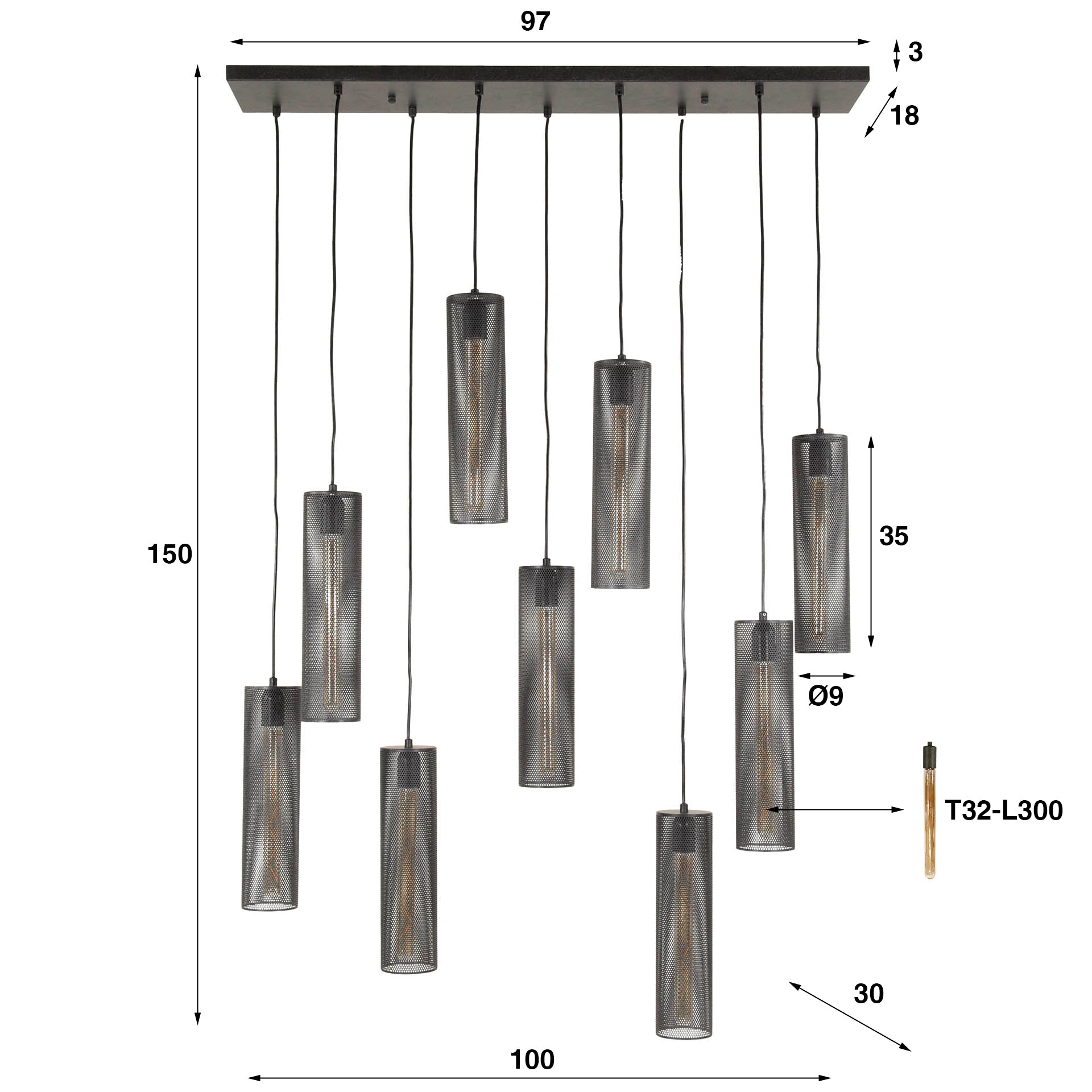 Hanglamp 5+4 tube mesh / Artic zwart