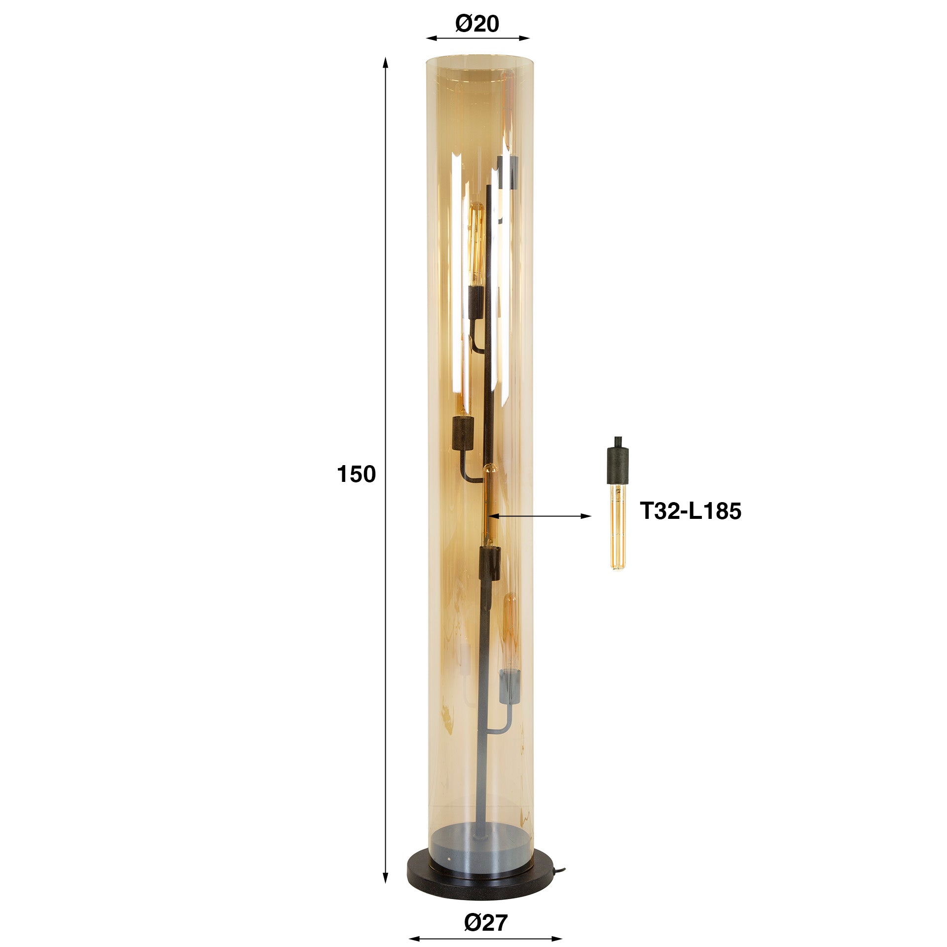 Vloerlamp 5L tube amber glas / Artic zwart