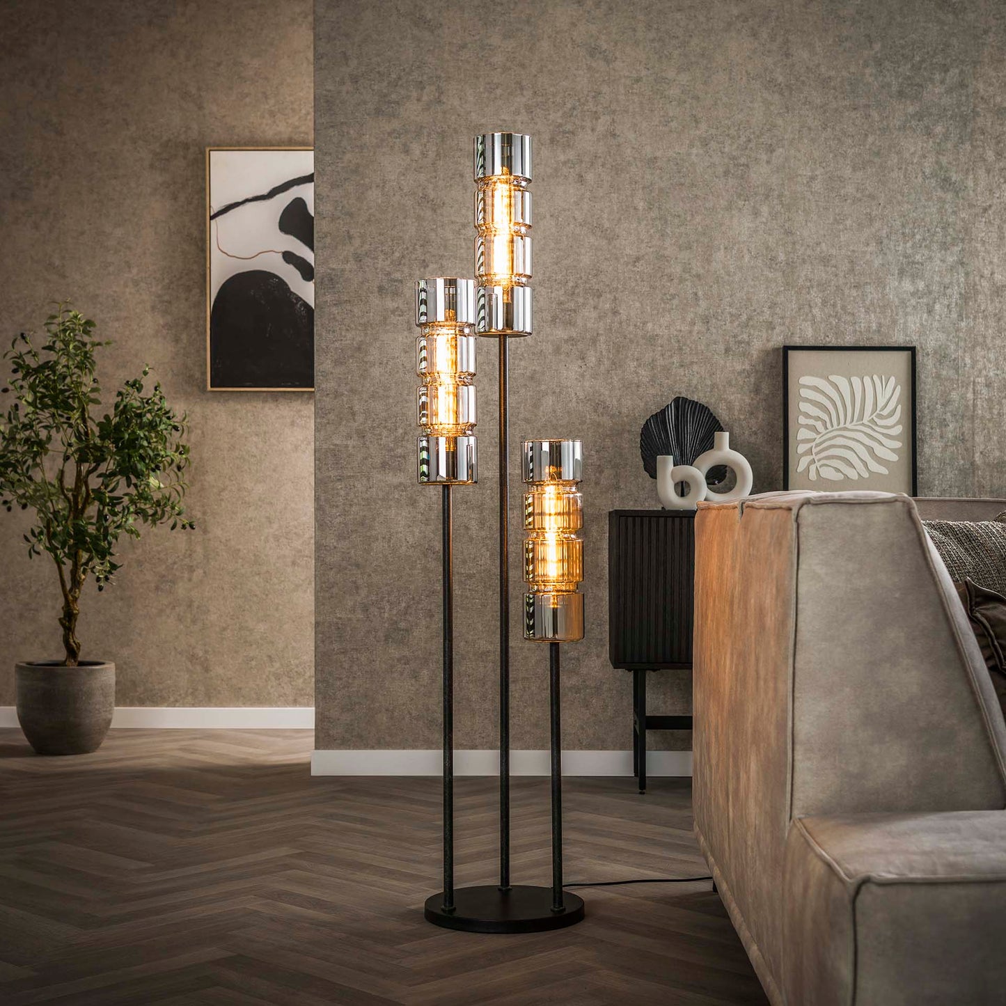 Vloerlamp van 3 Lampen Getrapt Cylinder Glas - 32x32x155 cm - Artic zwart