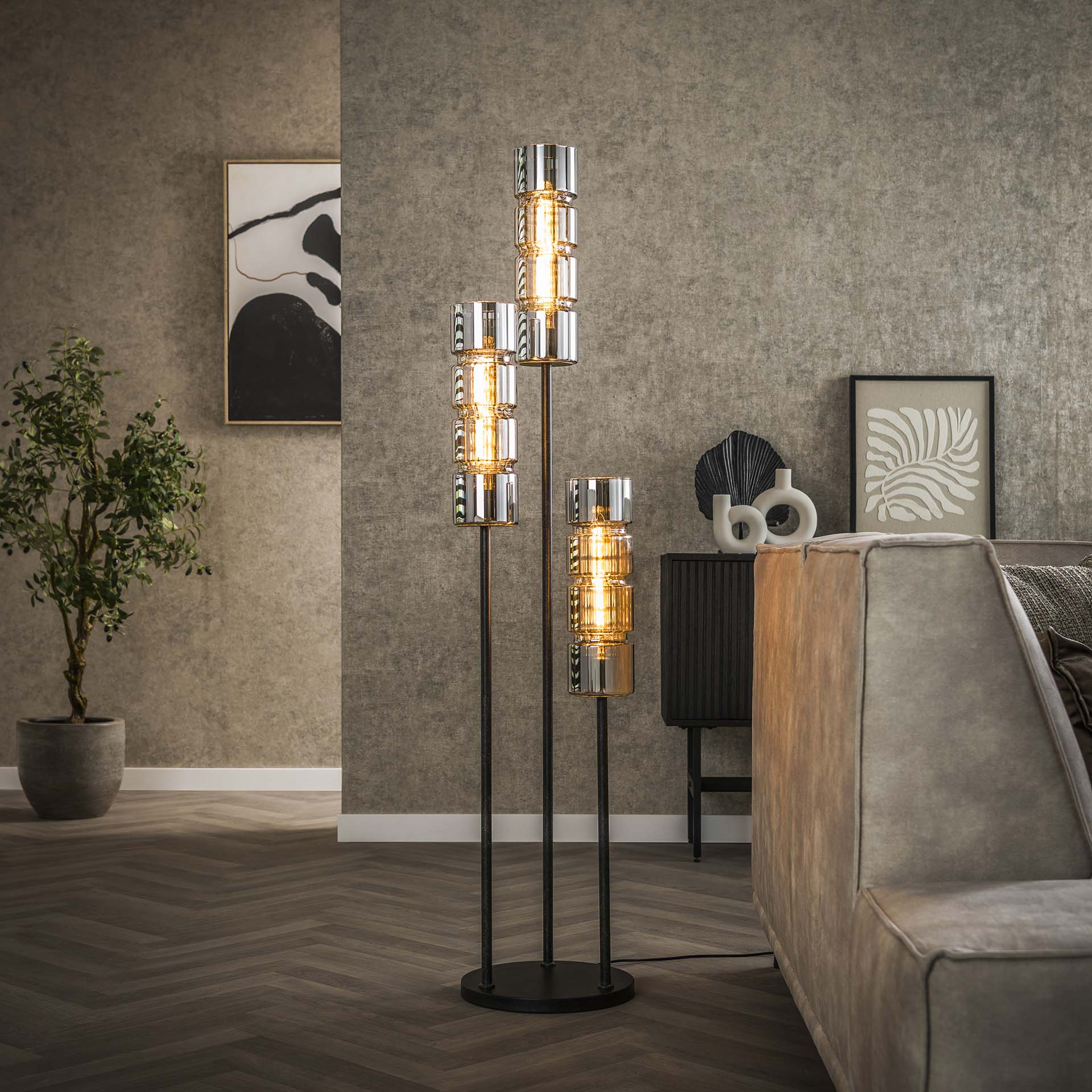 Vloerlamp van 3 Lampen Getrapt Cylinder Glas - 32x32x155 cm - Artic zwart