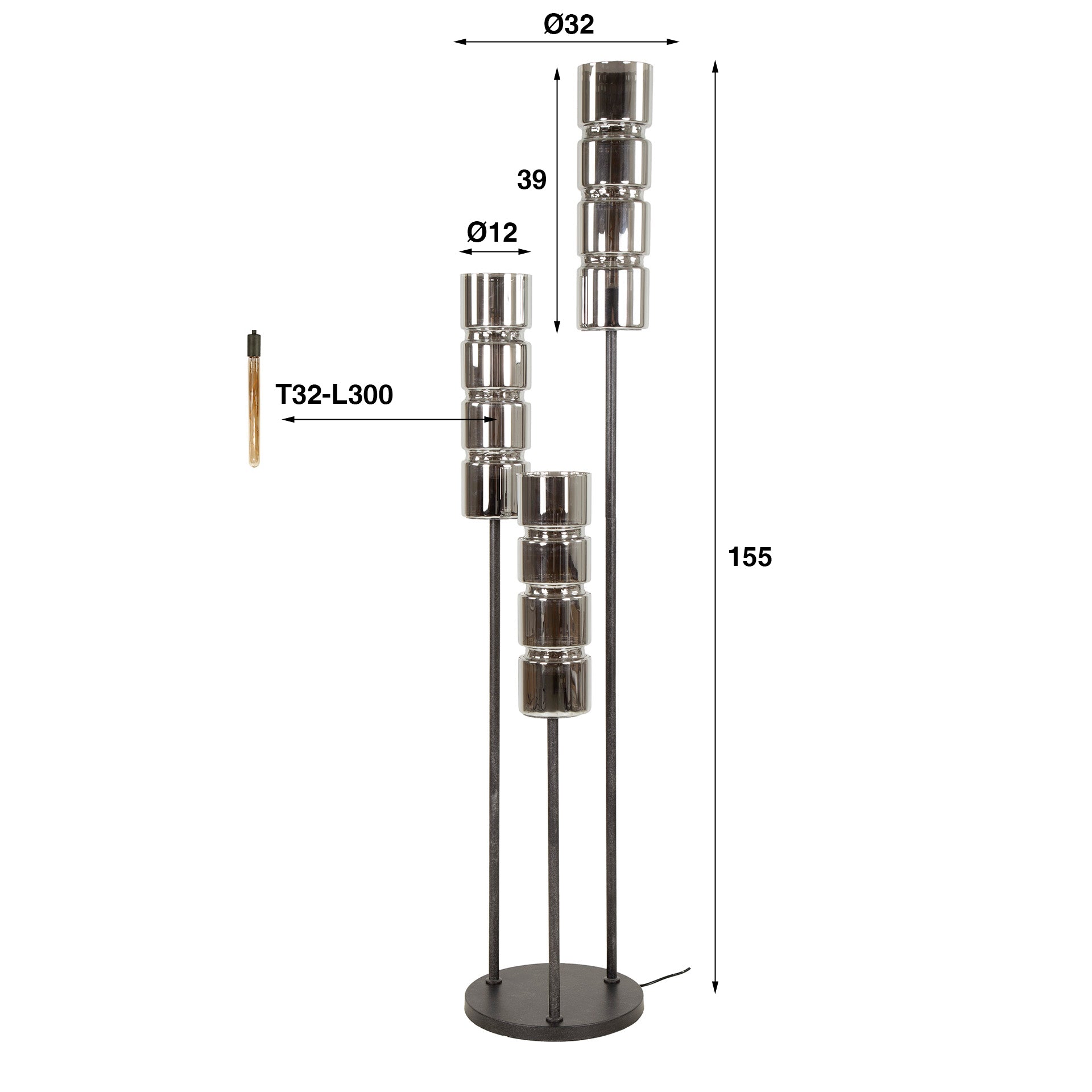Vloerlamp 3L getrapt cylinder glas / Artic zwart