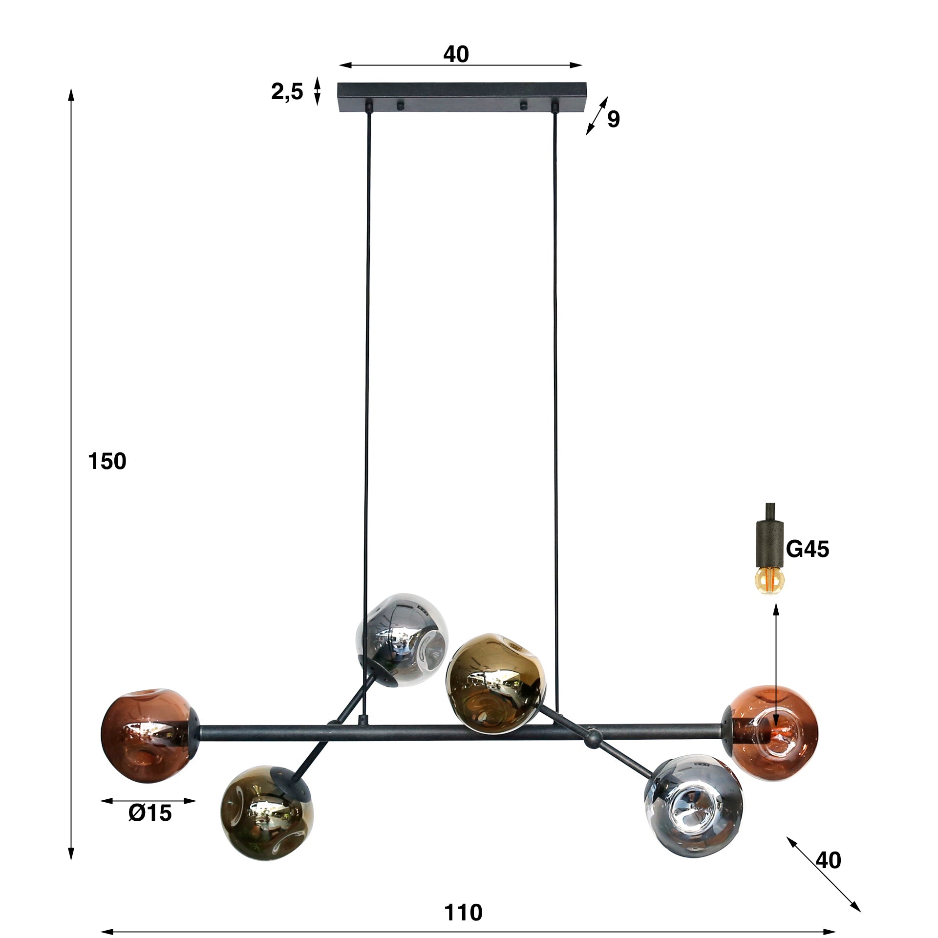 Hanglamp 6L molecule mix glass / Artic zwart
