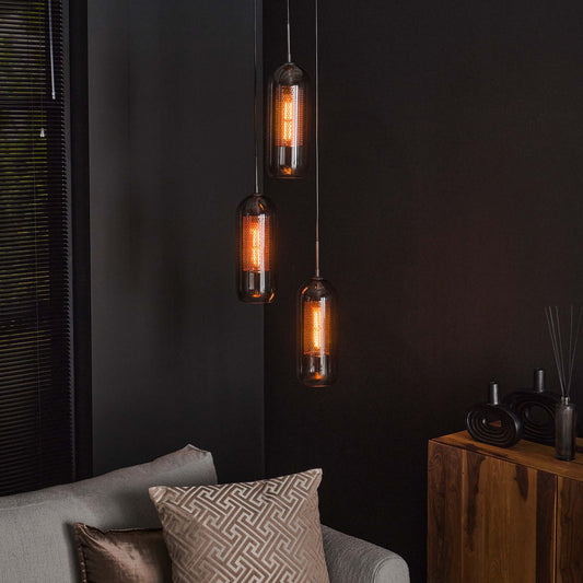 Hanglamp van 3 Lampen getrapt Smoke Glas-geperforeerd Staal - 35x35x180 cm - Artic zwart